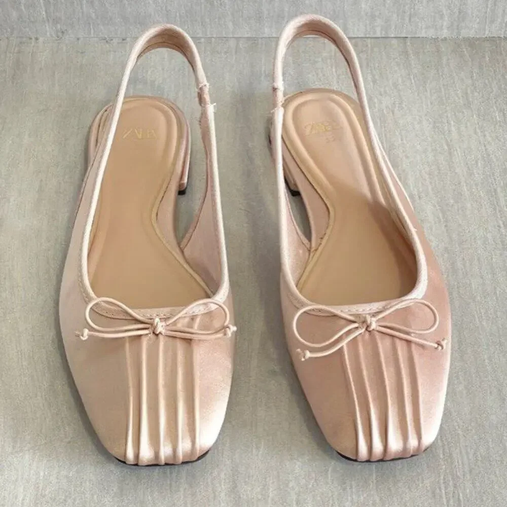 ZARA Blush Pink Satin Slingback Ballet Flats Bow Rounded Toe NWT 7.5